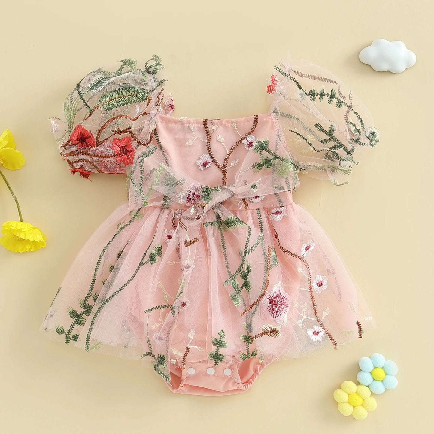 Baby Girls Princess Romper Dress - Flower Embroidery Mesh Skirt Bodysuit