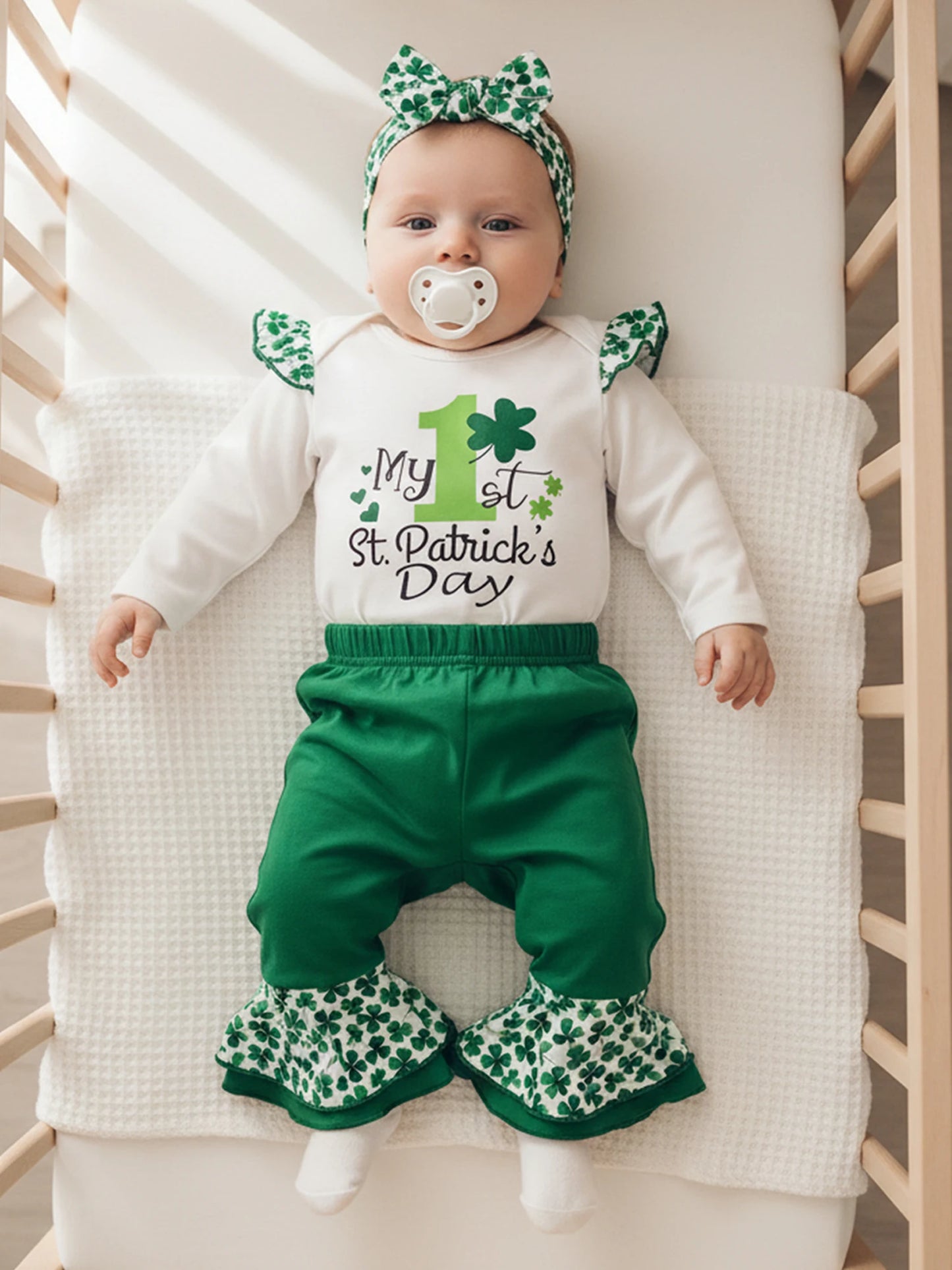 Baby Girls Boys Clover Print Outfit Set - Long Sleeve Romper with Flare Pants & Headband 0-18M