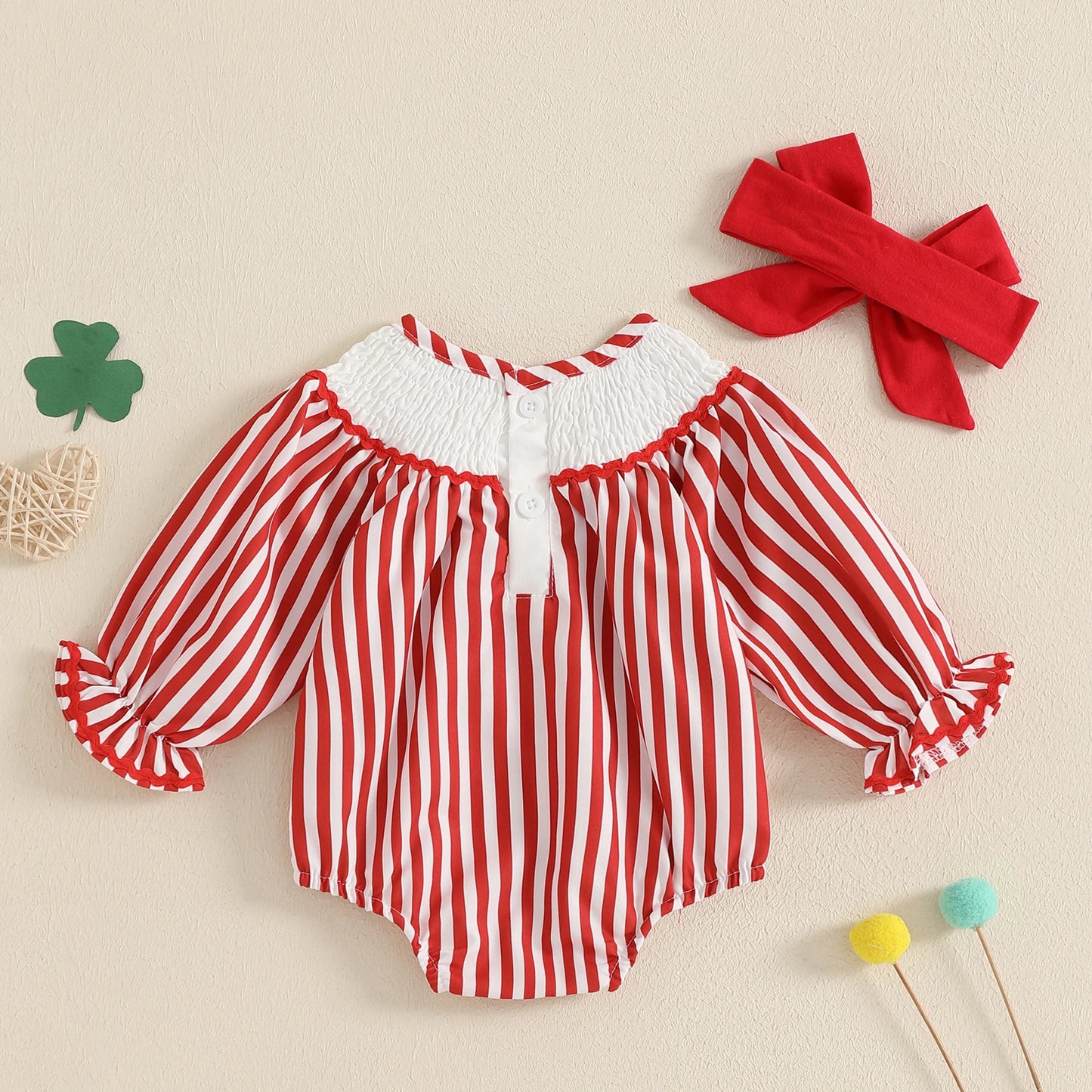 Baby Girls Striped Romper with Heart Embroidery & Hairband Set (0-18M)