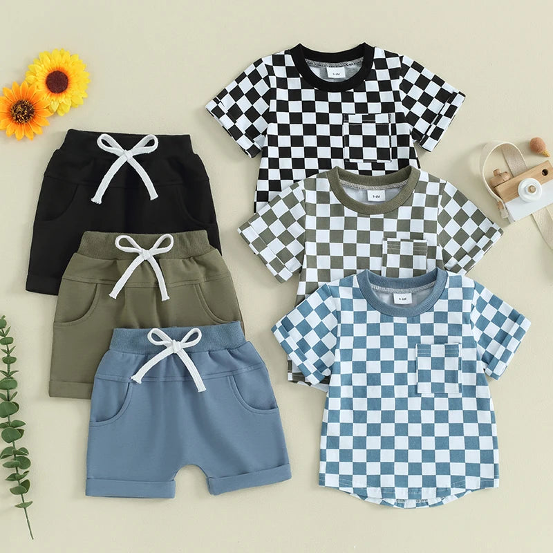 2pcs Toddler Baby Boys Clothes Set 0-3Y Short Sleeve Plaid Print Pocket T-shirt with Shorts Summer Outfit