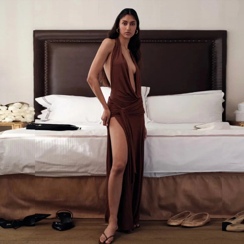 Women's Ruched Deep V Neck Maxi High Waist Draped Halter Robes Backless Dress