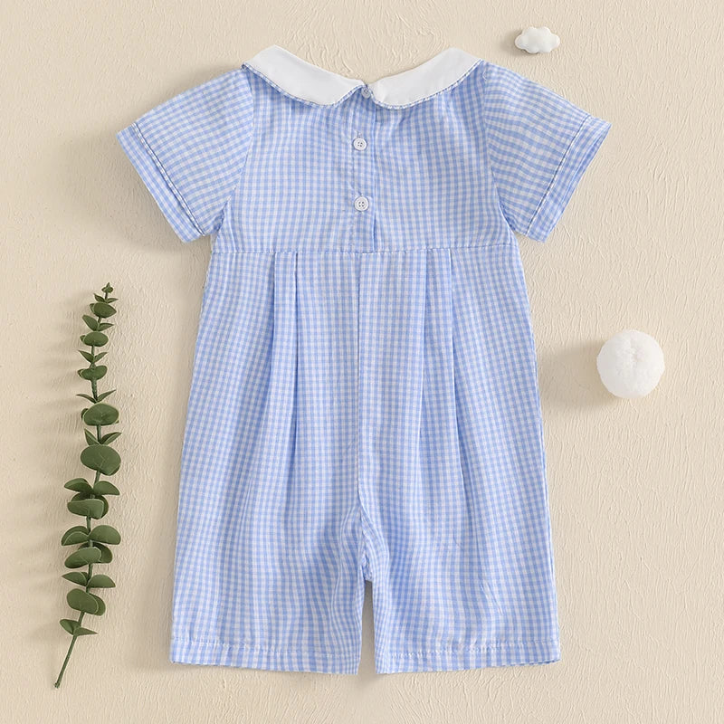 Baby Boys Romper - Doll Collar Golf Embroidery Plaid Jumpsuit
