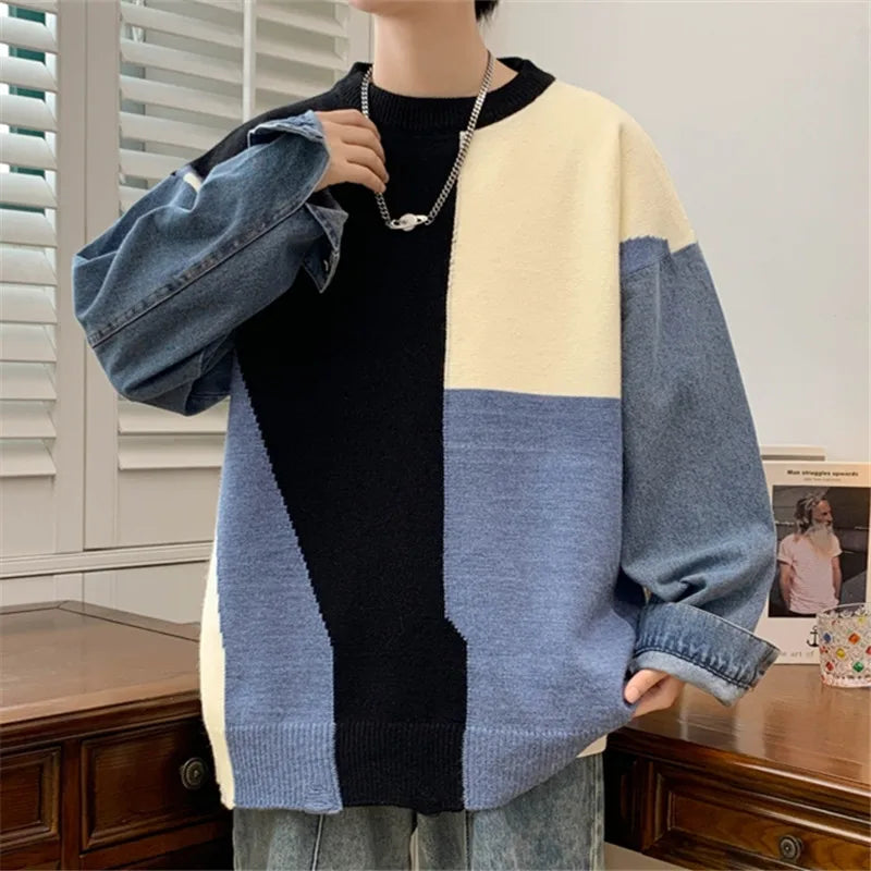 Men's Round Neck Pullover Patchwork Knitted Sweater