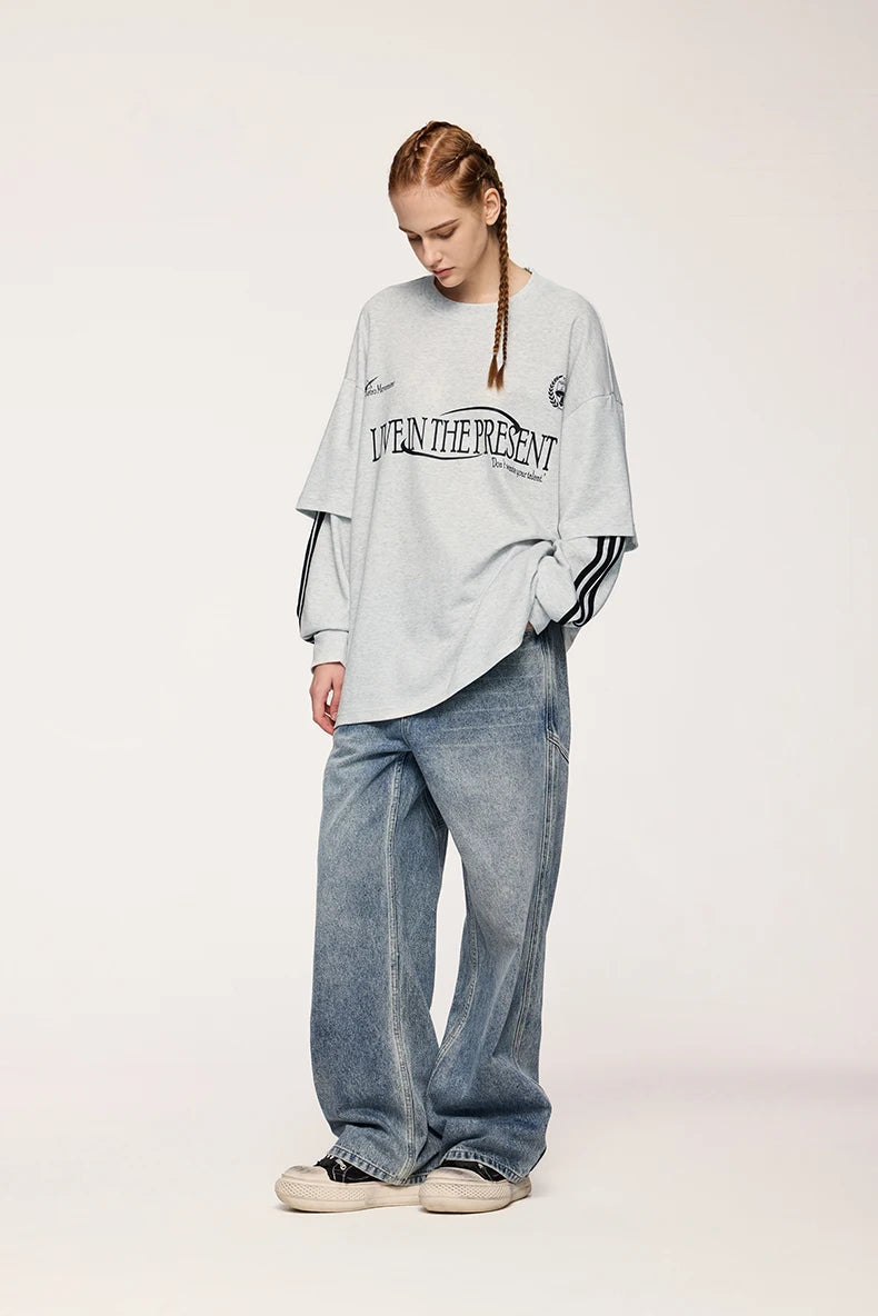 Unisex Retro Double Layer Streetwear Hip Hop Oversized Long Sleeve Sportswear T-Shirt