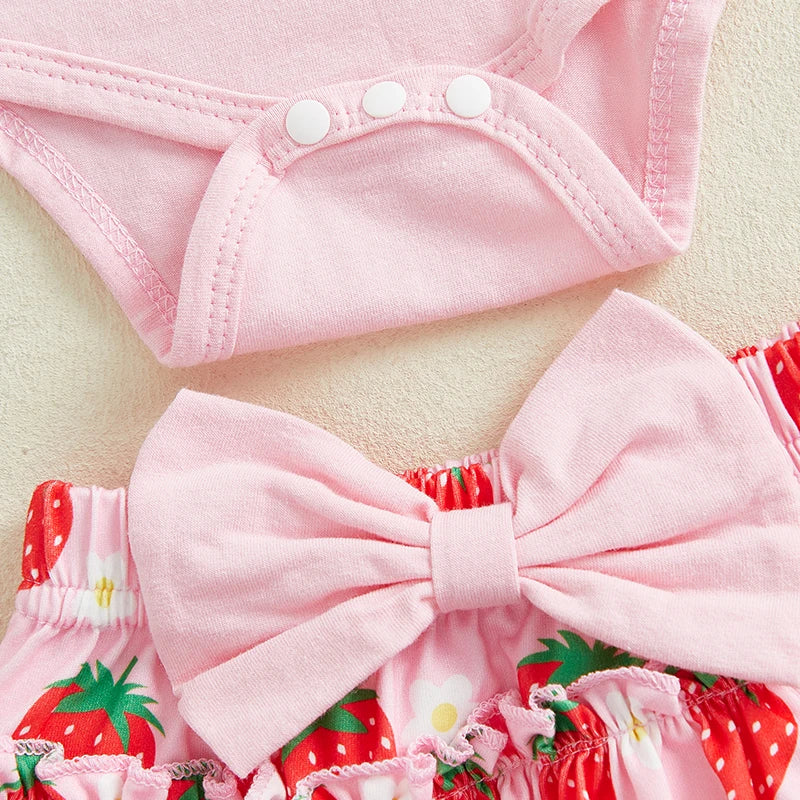 0-18M Baby Girls Summer Clothes Sets Flying Sleeves Letter Fruit Print Romper Tiered Ruffled Shorts with Headband