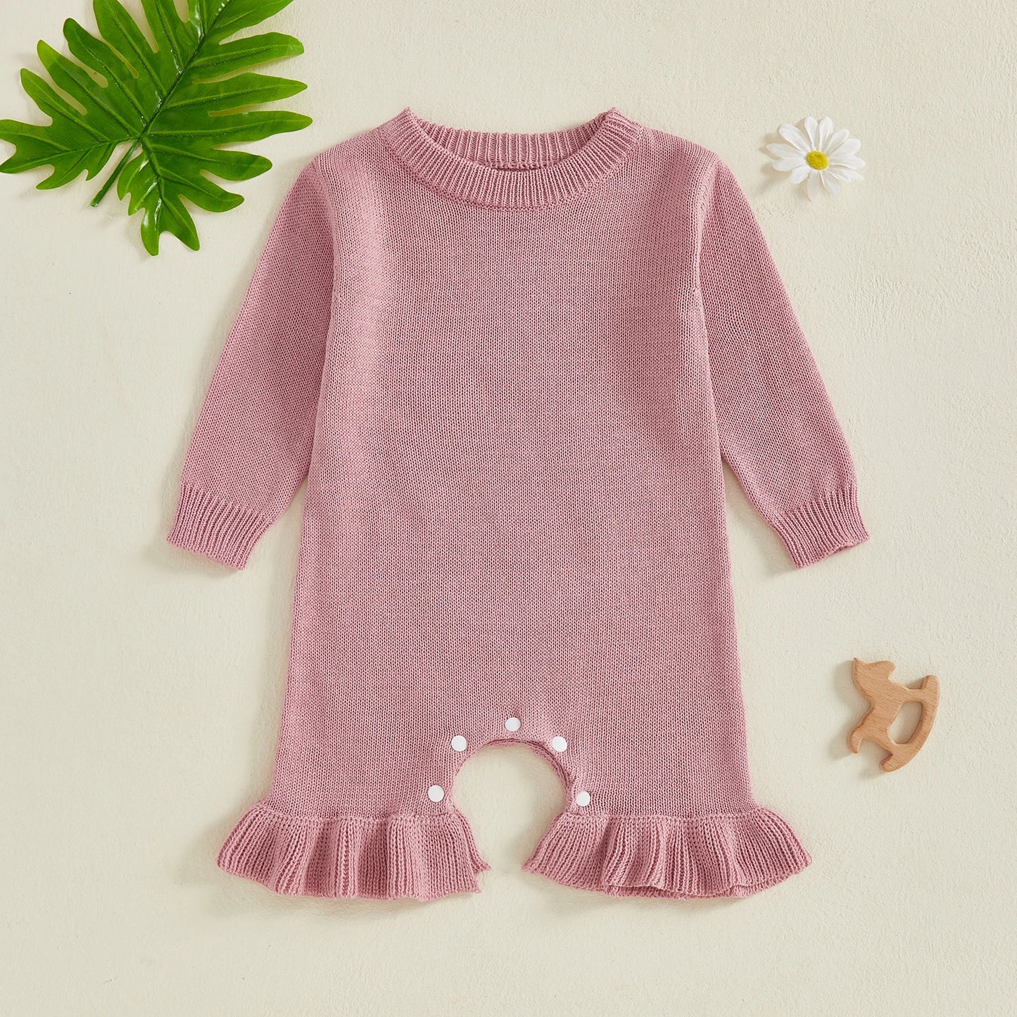 Baby Girl's Knit Romper - Long Sleeve Crew Neck Solid Jumpsuit Sweater