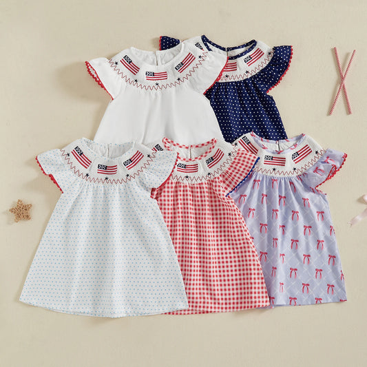 Kids Girls Dress 0-5Y USA Flag Embroidery Dot/Plaid Print Short Sleeve A-Line Dress
