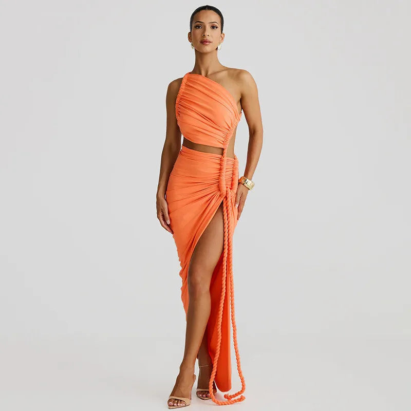 Women's  Off-shoulder Thigh High Split  Maxi Strapless Sleeveless Ruched Bodycon Party Dress