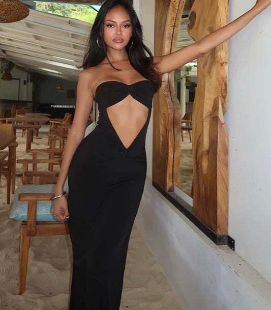 Women's Strapless Long Summer Outfits Cut Out Split Dress
