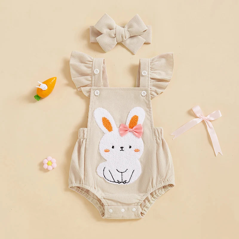 Infant Baby Easter Romper - Ruffles Flying Sleeve Rabbit Embroidery Jumpsuit with Headband