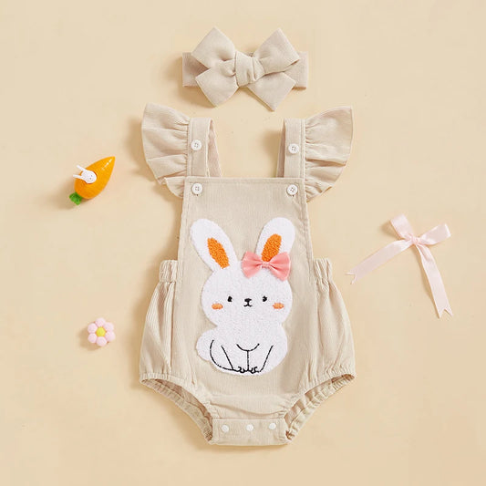 Infant Baby Easter Romper - Ruffles Flying Sleeve Rabbit Embroidery Jumpsuit with Headband