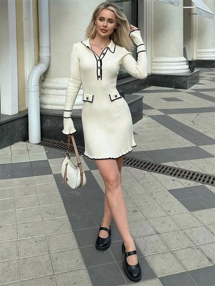 Women's Knitted Ruffled Rib High Waist Long Sleeve Banquet Dress