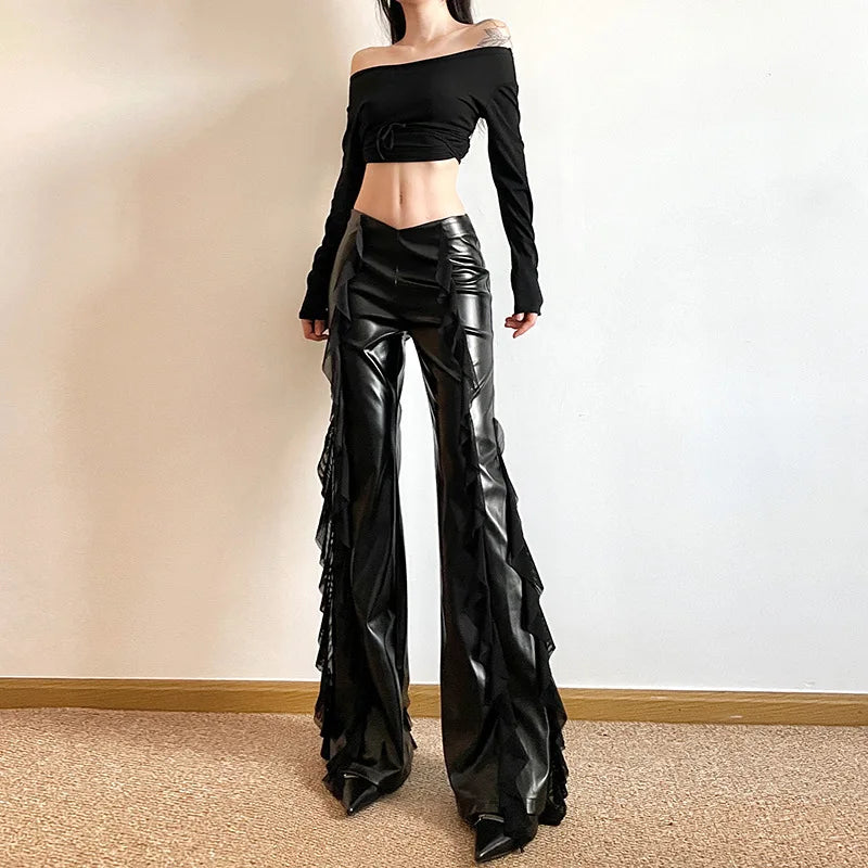 Women's Mesh Splicing PU Flare High Waist Slim Fit Black Long Trousers