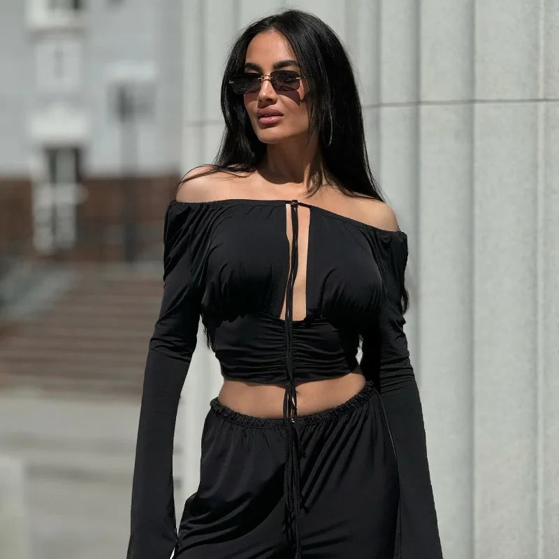 Women's Off Shoulder Tie Front Cropped Top with Cut Out Detail