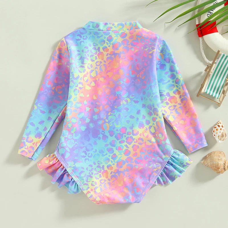 0-6Y Toddler Kids Baby Girl Swimsuit - Fish Scale Print Ruffles Long Sleeve Zipper Jumpsuit Swimwear Beachwear