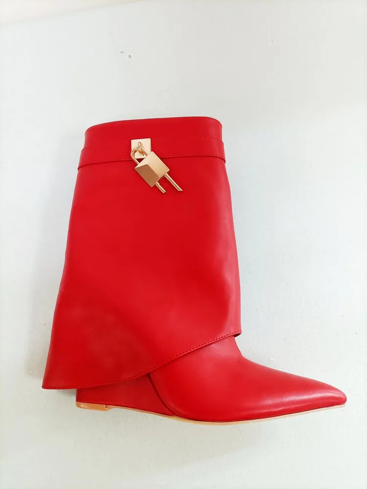 Women's Wedge Leather Mid-Calf Boots - 10cm Heel Metal Buckle Boots