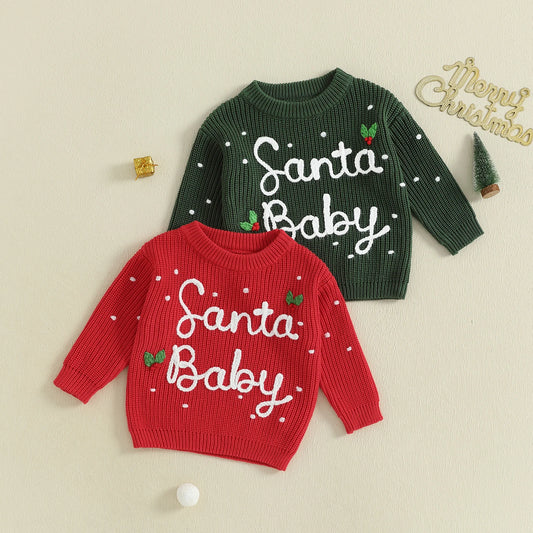 0-5Y Kids Boys Girls Christmas Sweater Letter Embroidered Crew Neck Long Sleeve Pullover Knit Top