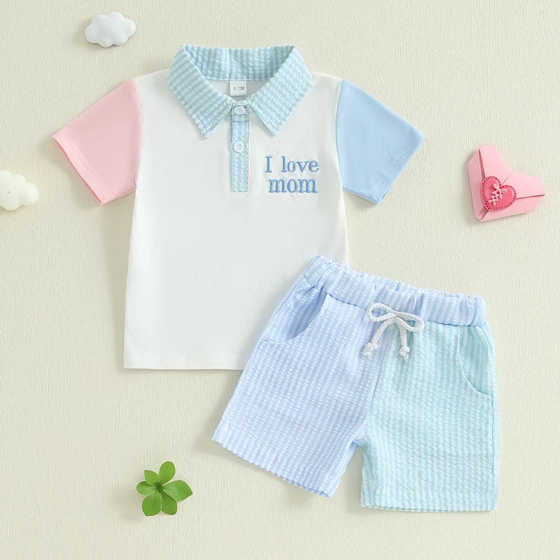 Toddler Boys Casual Outfit Set - Letter Embroidery Polo T-Shirt with Stripe Shorts