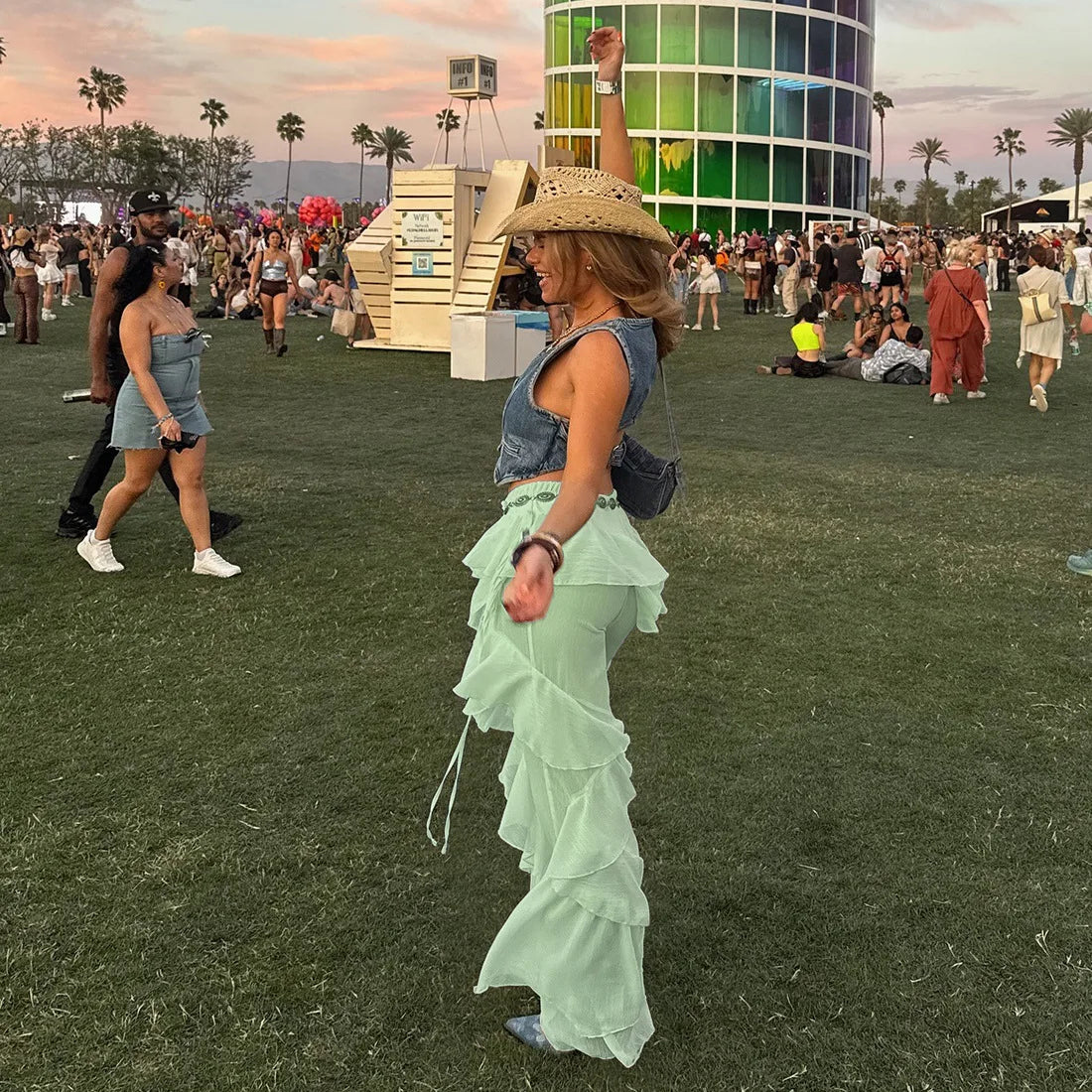 Women's Ruffled Tie Detail Flared Pants - Mesh Sheer Stretch Trousers