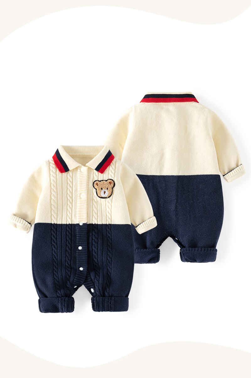 Baby's Toddler Cute Bear Splice Knit Romper Jumpsuit