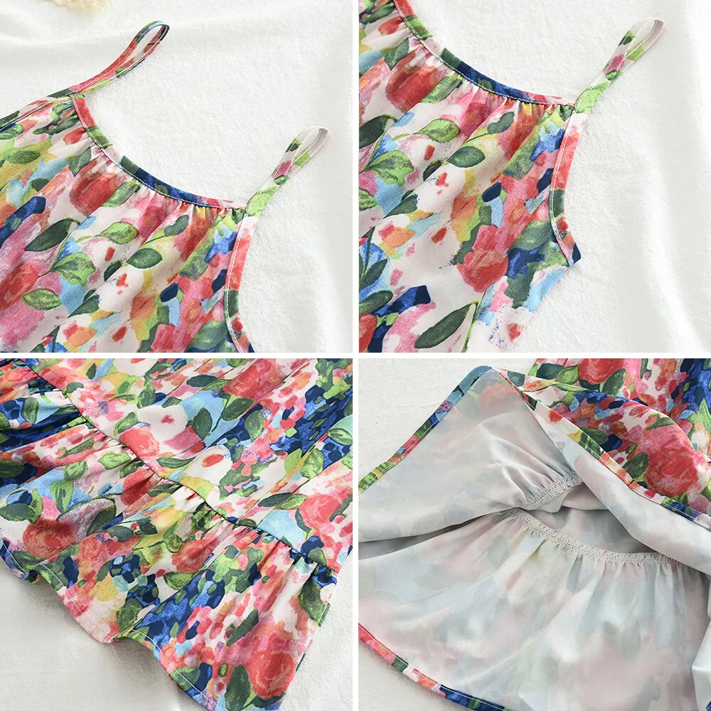 3-7 Years Baby Girl's Summer Floral Suspender Dress with Bag 2 Pieces Set