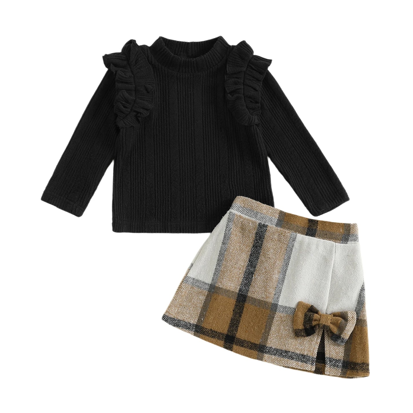 Girl's Skirt Set - Long Sleeve Crew Neck T-Shirt with Plaid Skirt