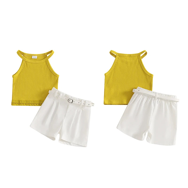 1-5Y Kids Girl's Summer Clothes Set Sleeveless Ribbed Halter Cami Top and Shorts with Belt