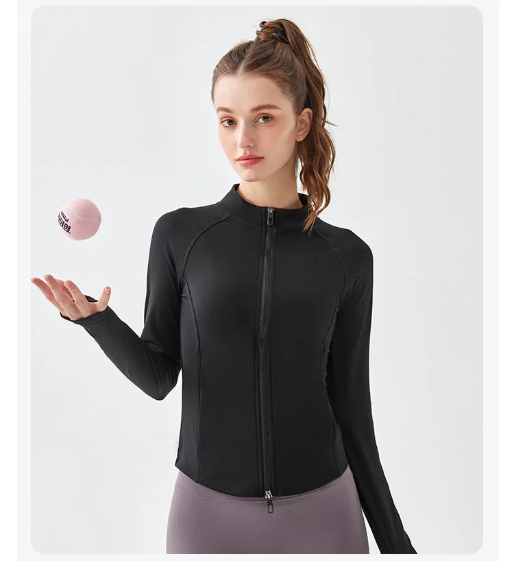 Women's Slim Fit Running Jacket Solid Color Long Sleeve Yoga Top Super Stretch Breathable Workout Coat Gym Sportswear