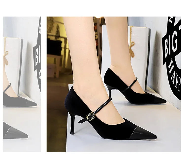 Suede Buckle Design Pumps - Pointed Toe Stilettos Available in 7cm and 10cm Heights