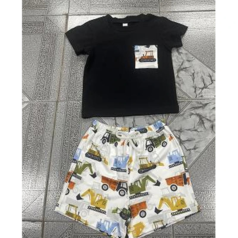 0-4Y Kids Boys Clothes Set Short Sleeve Excavators Print Pocket T Shirts Tops and Shorts Set