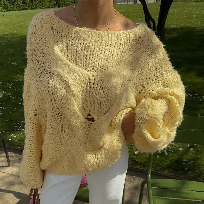 Women's Twist Knitted Sweaters Top - Hollow Out Round Neck Long Sleeve Top