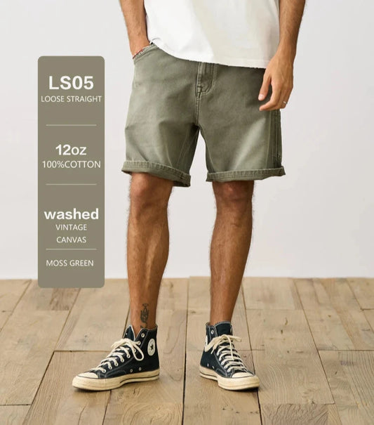 Men's Loose Straight 15oz 100% Cotton Canvas Fabric Vintage Shorts