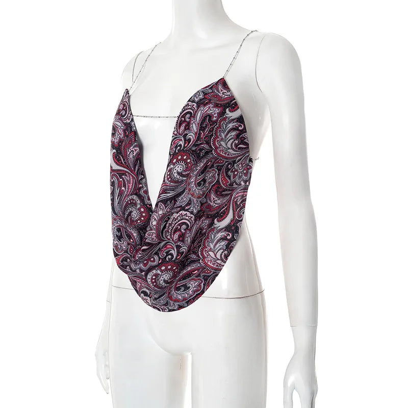 Women's Leopard Print Draped Cami Top - Deep V Neck Chain Detail Backless Crop Top