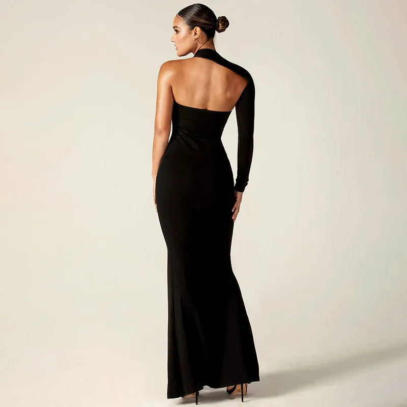 Women's One Shoulder Split Maxi Dress Outfit - Long Sleeve Dress Gown