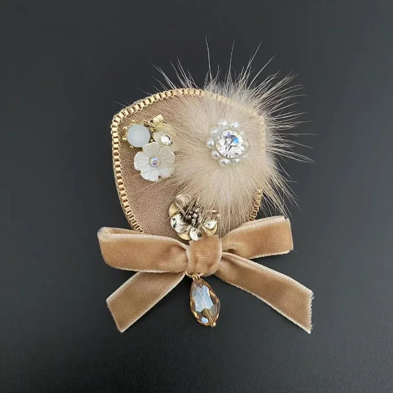 Women's Rhinestone Pearl Bow Brooches Fabric Flower Badge High-end Fixed Lapel Pins