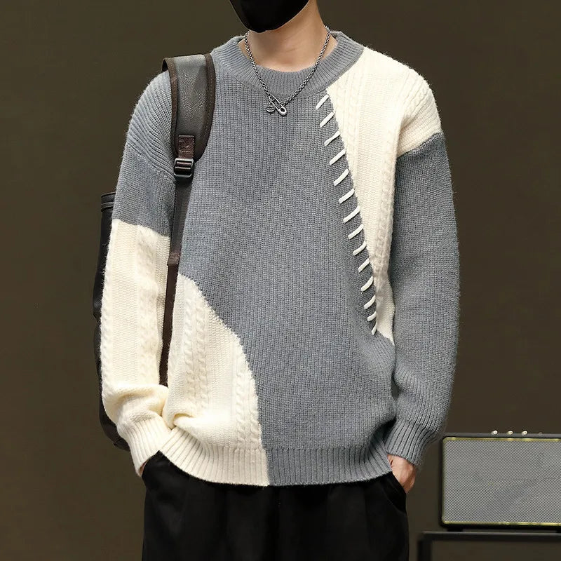 Men's Warm Patchwork Round Neck Knitted Pullover Sweater