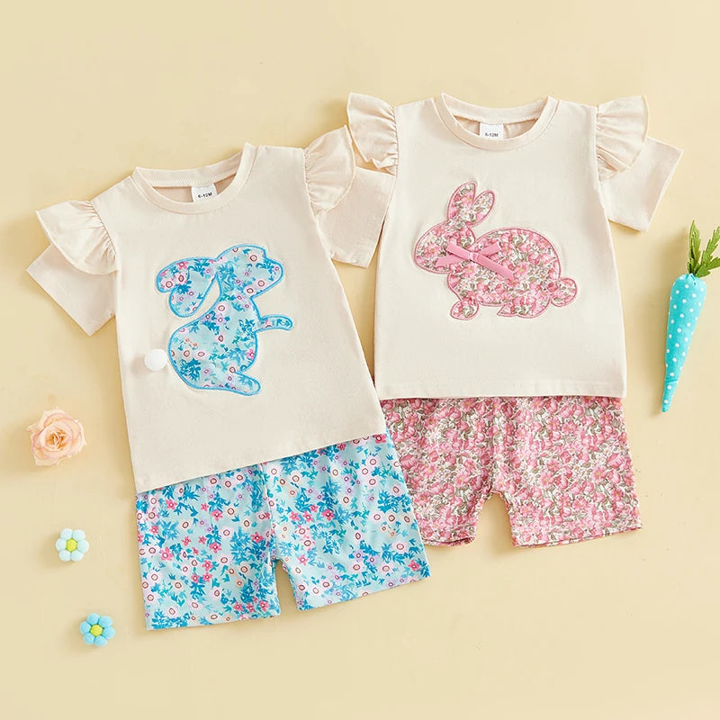 0-4Y Kids Girls Easter Clothes Set Rabbit Floral Print Short Sleeve Ruffled Tops Elastic Waistband Shorts
