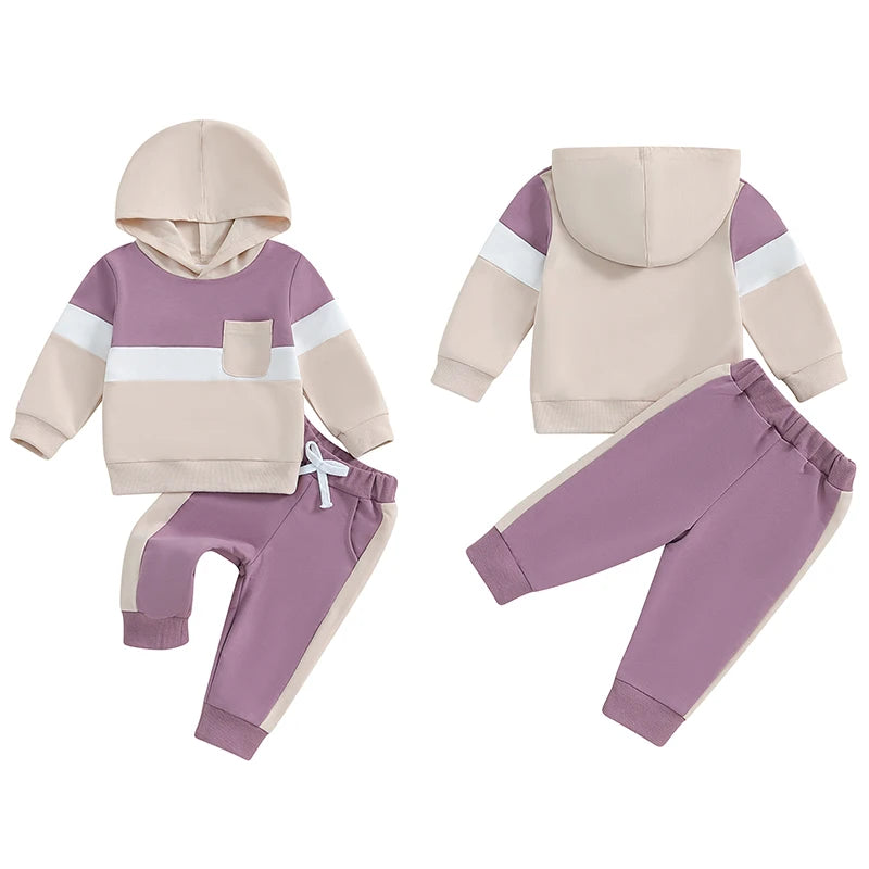 0-4Y Toddler Kids Boys Girls Fall Clothes Set Color Patchwork Long Sleeve Hooded Sweatshirt and Elastic Waist Pants