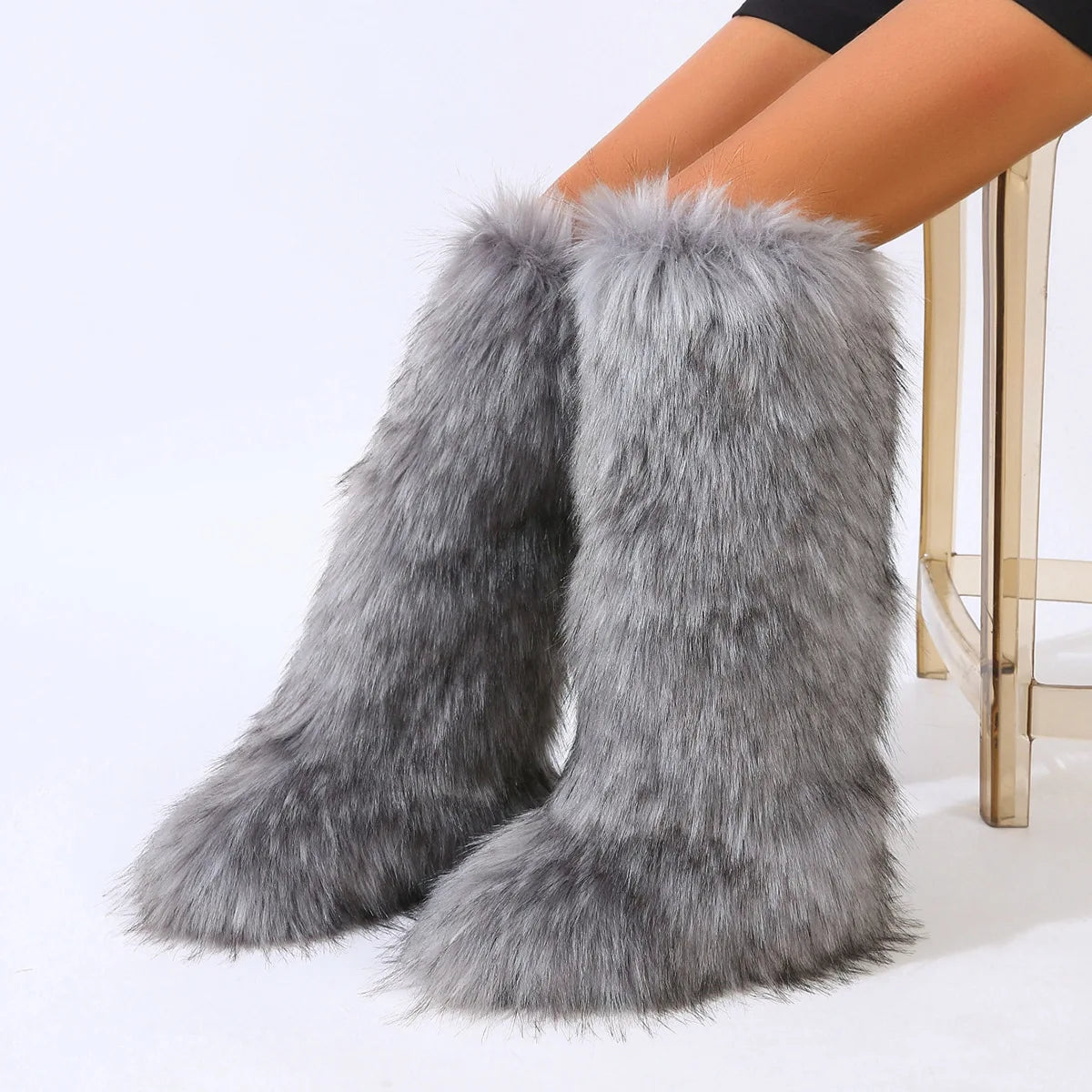 Women's Winter Thigh High Fluffy Plush Knee High Fur Faux Boots