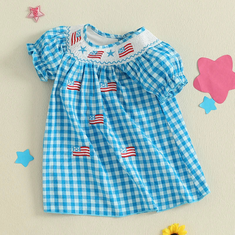 0-4Y  Kids Girl’s  Short Sleeve Embroidery Crew Neck Plaid Flags Print A-Line Dress