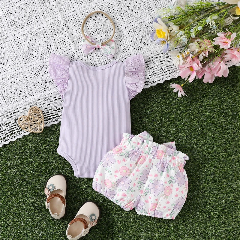 3pcs Baby Girls Summer Clothes Sets - Lace Fly Sleeve Letter Print Ribbed Romper Floral/Fruit Shorts with Headband