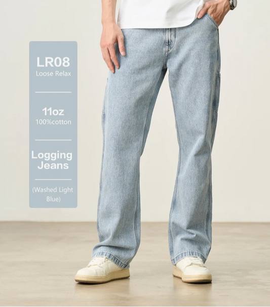 Person wearing light blue jeans with product details on a white background