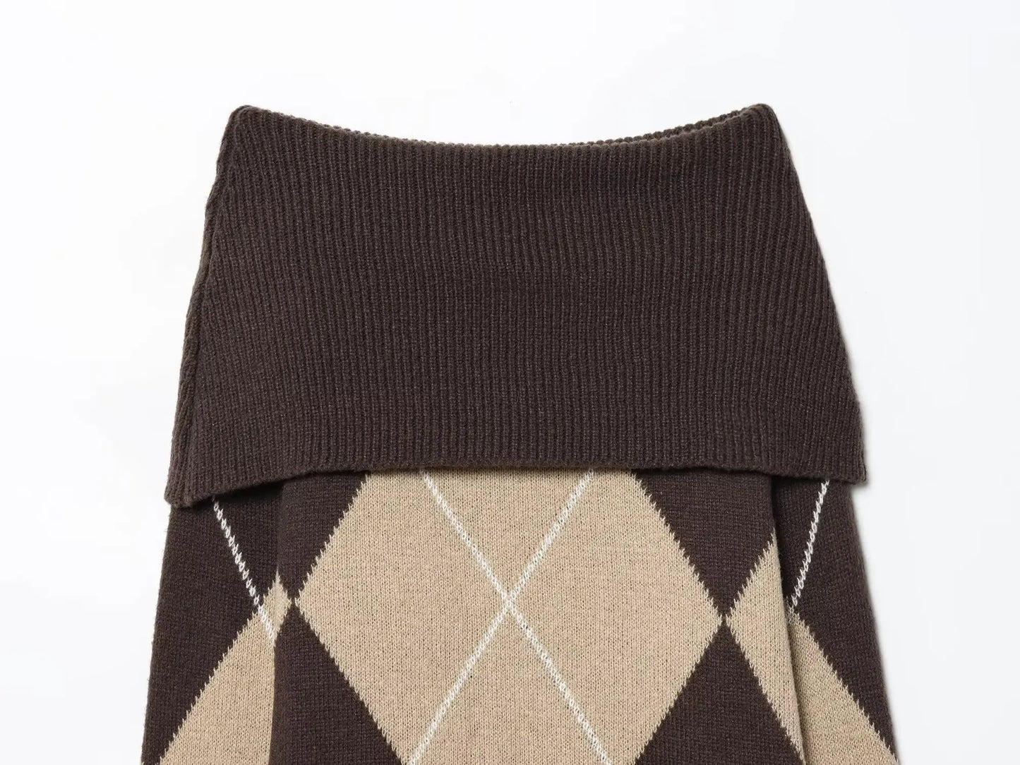 Vintage Argyle Off Shoulder Knit Sweater - Long Sleeve Loose Casual Pullover