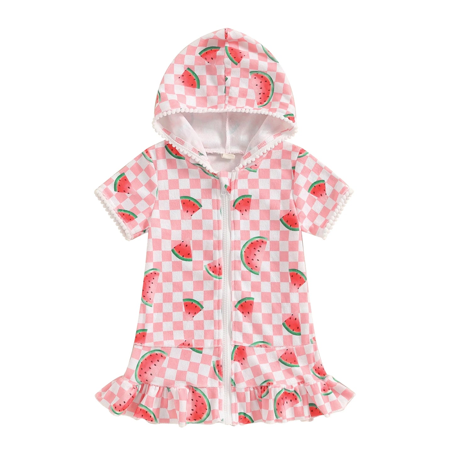 1-8Y Summer Kids Girls Beach Dress Watermelon Flamingo Ice Cream Print Hooded Zipper Closure Swimwear