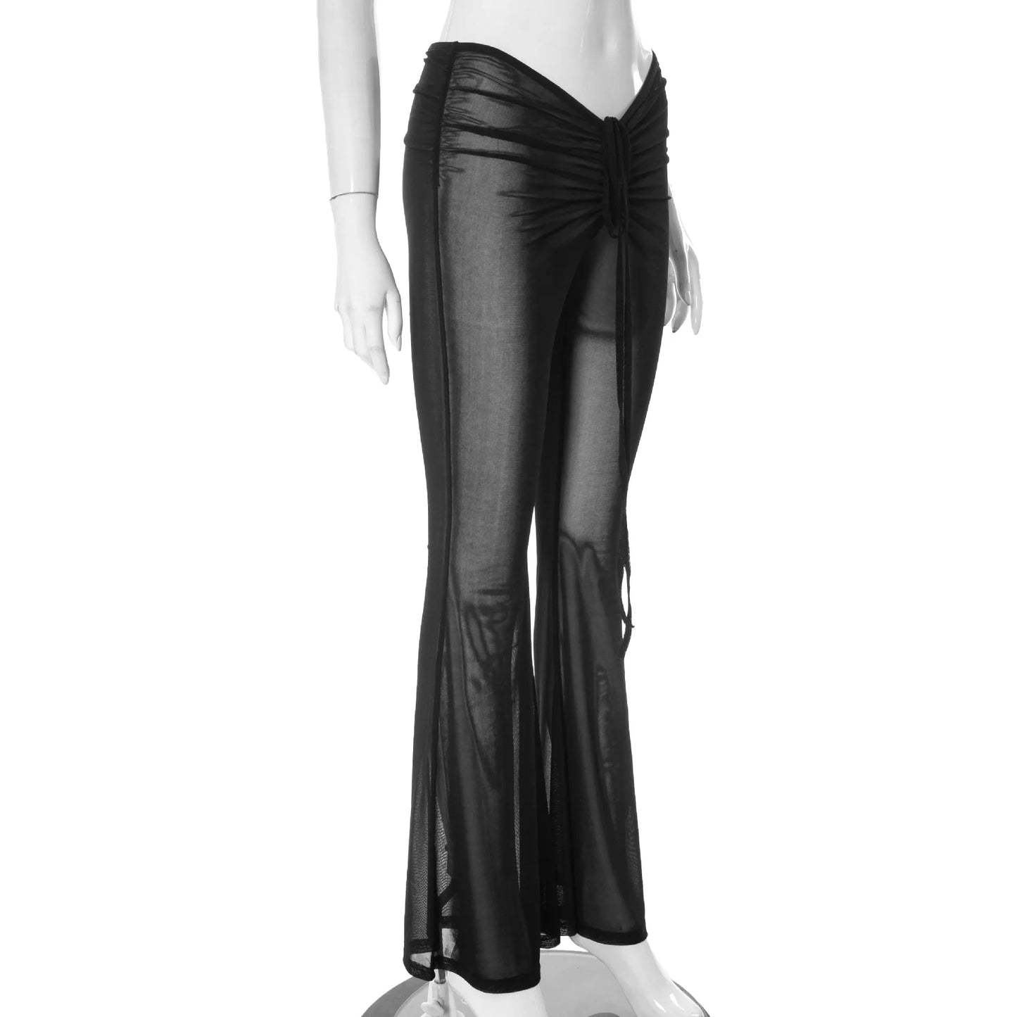 Women's See Through Mesh Flare Pants Rave Festival Drawstring Low Rise Pants