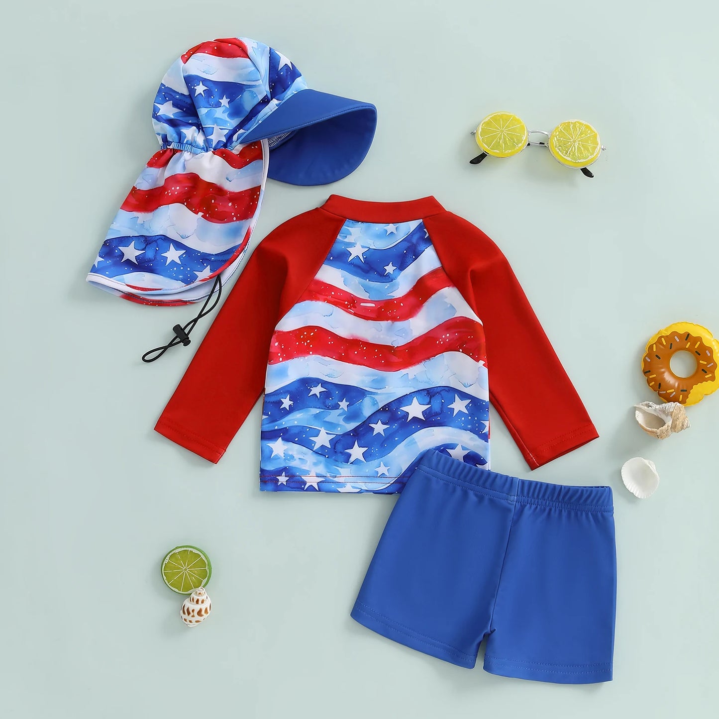 0-5Y American Flag Kids Boys 4th Swimwear Clothes Sets Long Sleeve Stars Print T-shirt with Shorts and Hat