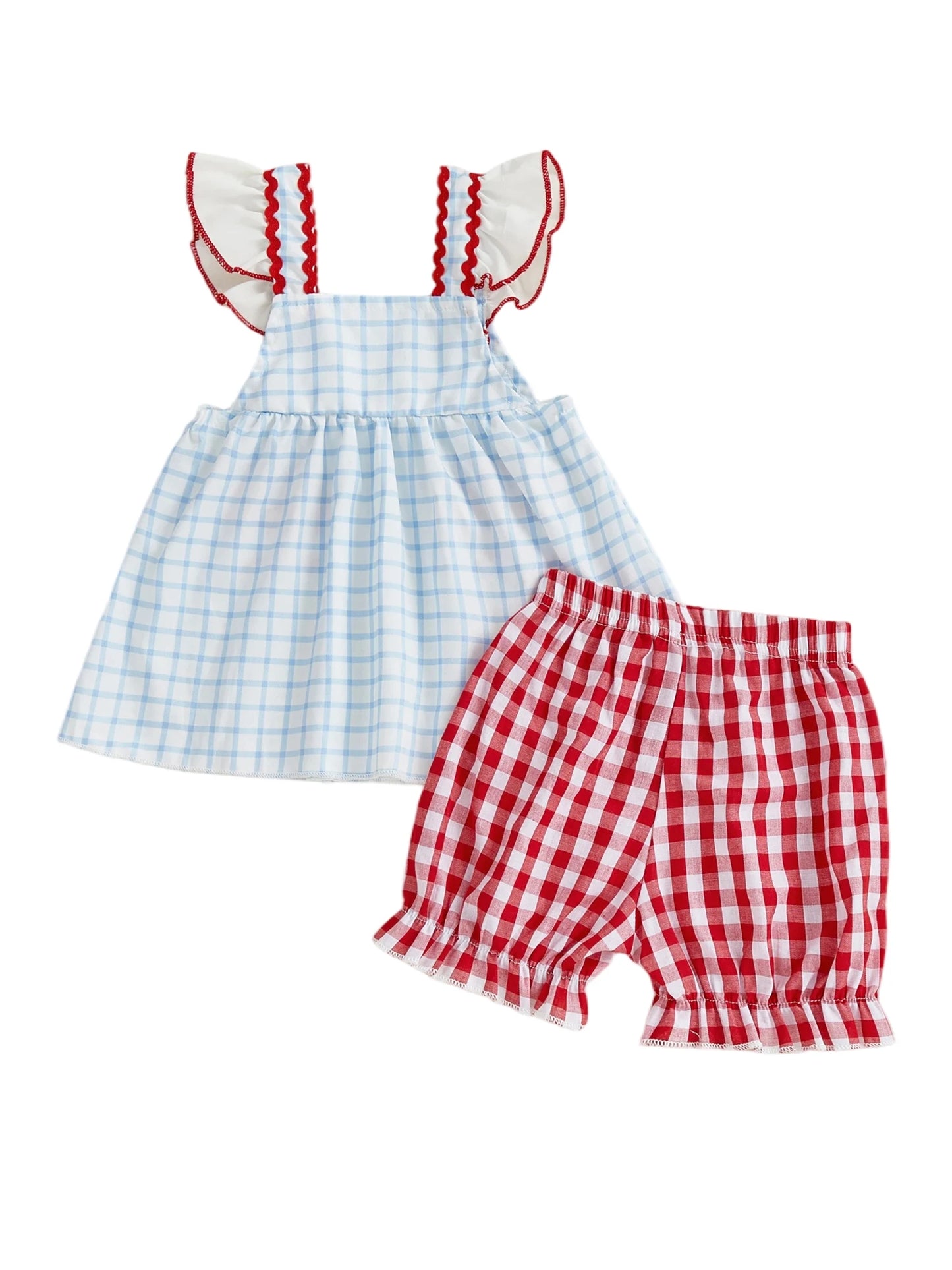 Toddler Girls 2-Piece Outfit Set - Plaid Baseball Embroidery Top & Shorts
