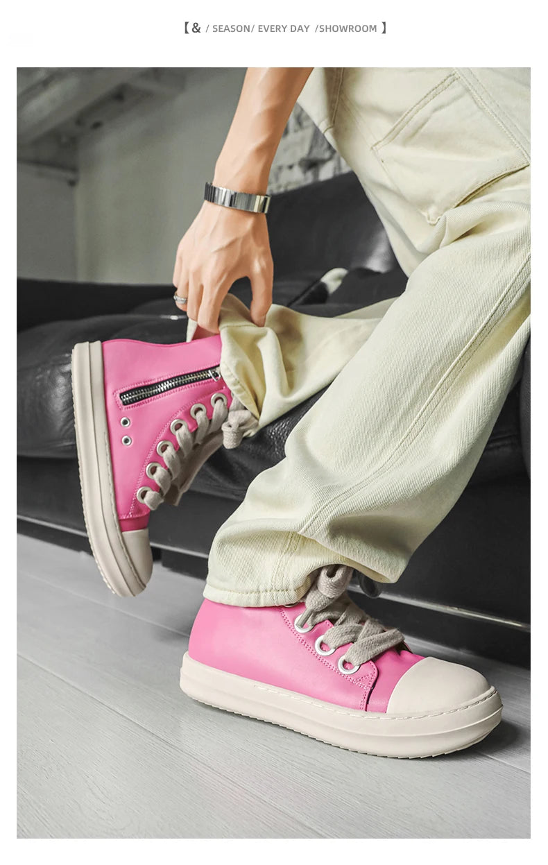 Men's High-Top Leather Sneakers - Lace-Up Zipper Ankle Boots