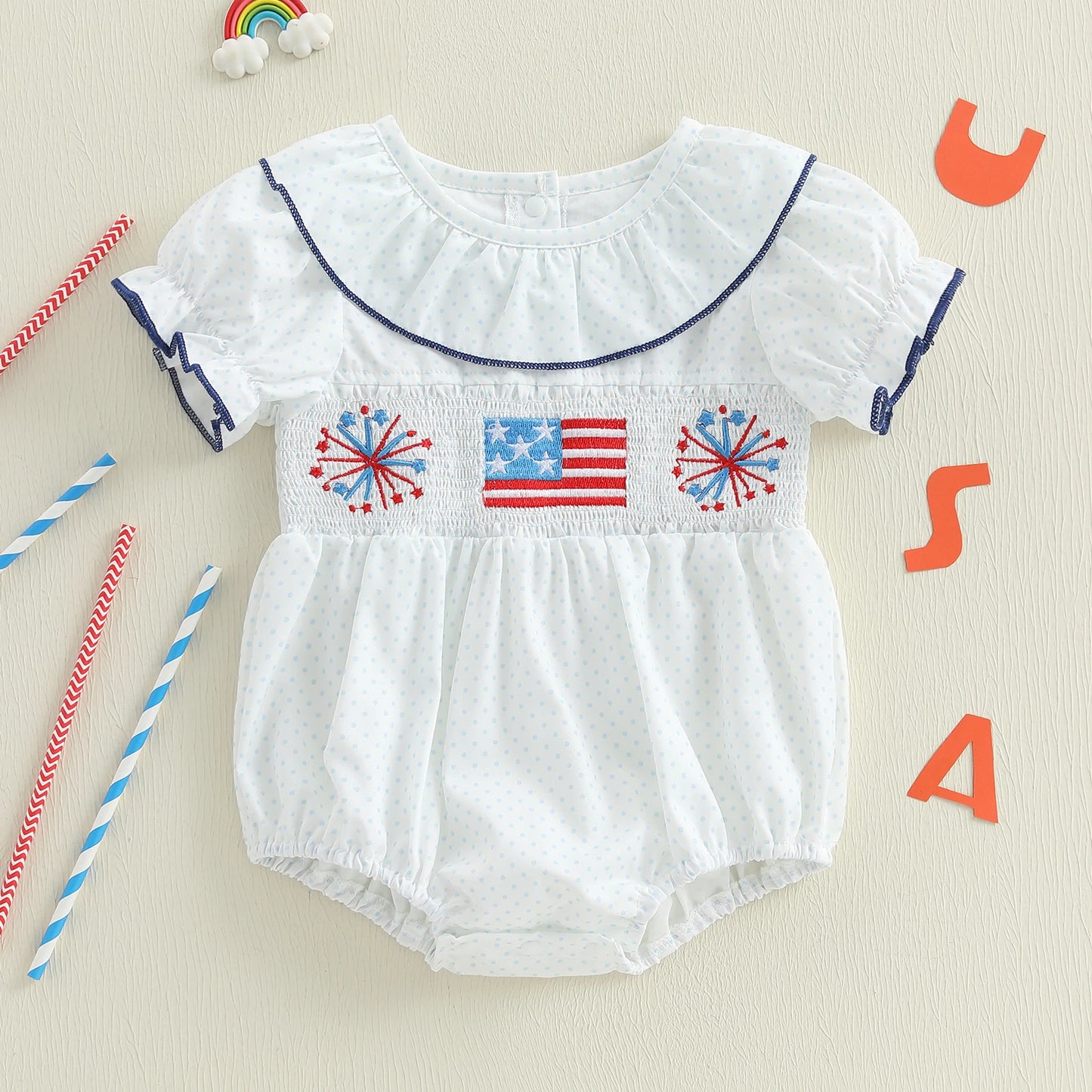 Baby Girls' Independence Day Romper - Dot Print Bow Flag Embroidery Ruffled Jumpsuit
