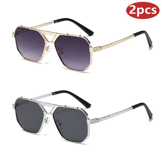 Unisex 1/2pcs Vintage Metal Double Bridges Square Sunglasses UV400